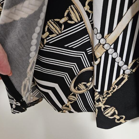 Cache Faux Wrap Dress Size M Chain Pearl Print Black Deep V Stretch 3/4 Sleeve - Picture 6 of 10